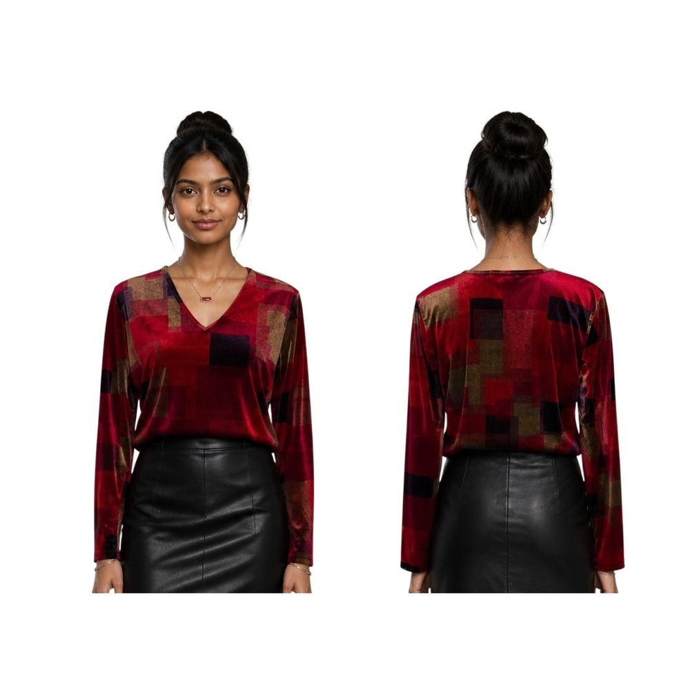 Karen Kane Red Geometric Velour V-Neck Long Sleeve Top XL Festive. Fall Winter